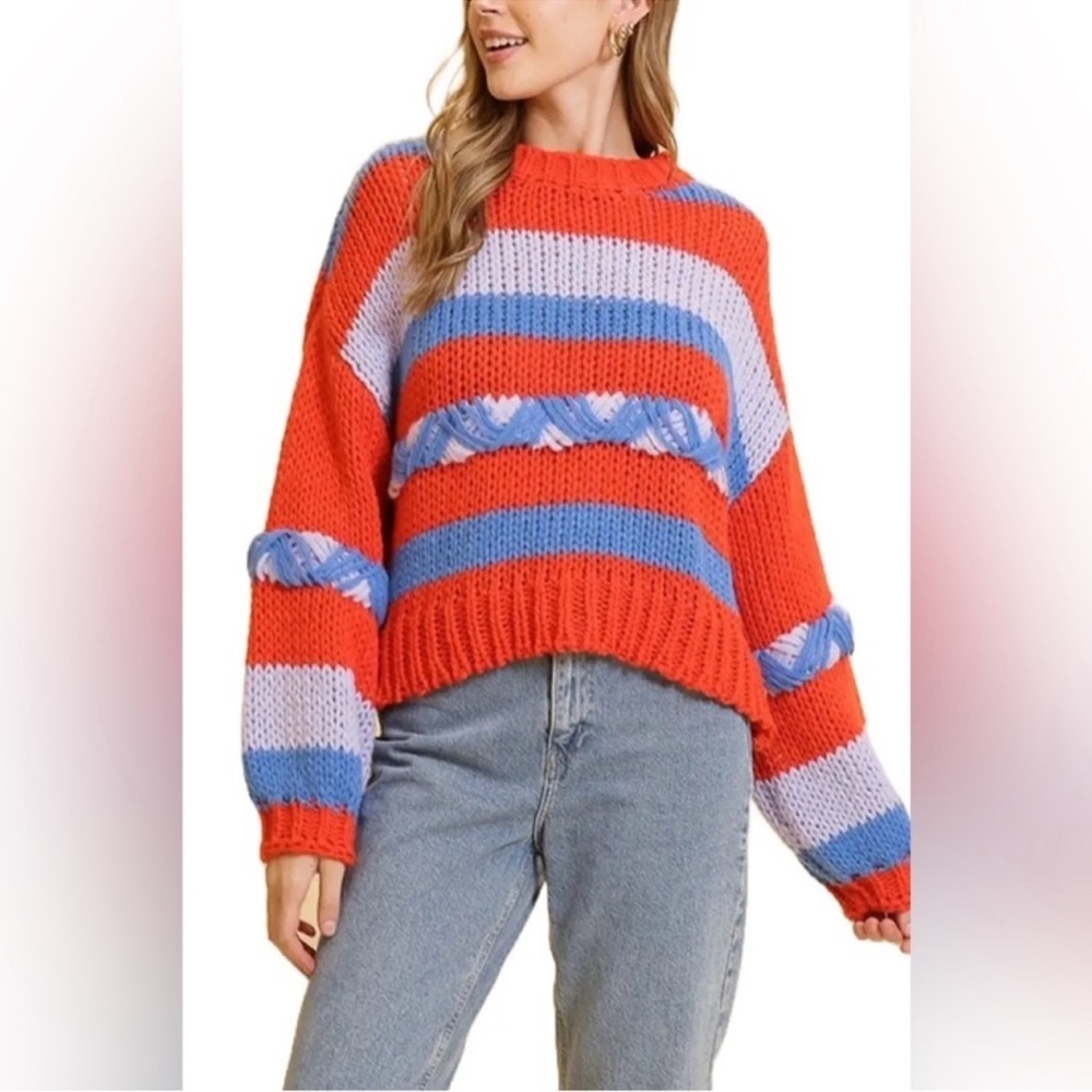 Women’s Chunky Knit Colorful sweater Sz L Crewneck balloon sleeves Vibrant Color